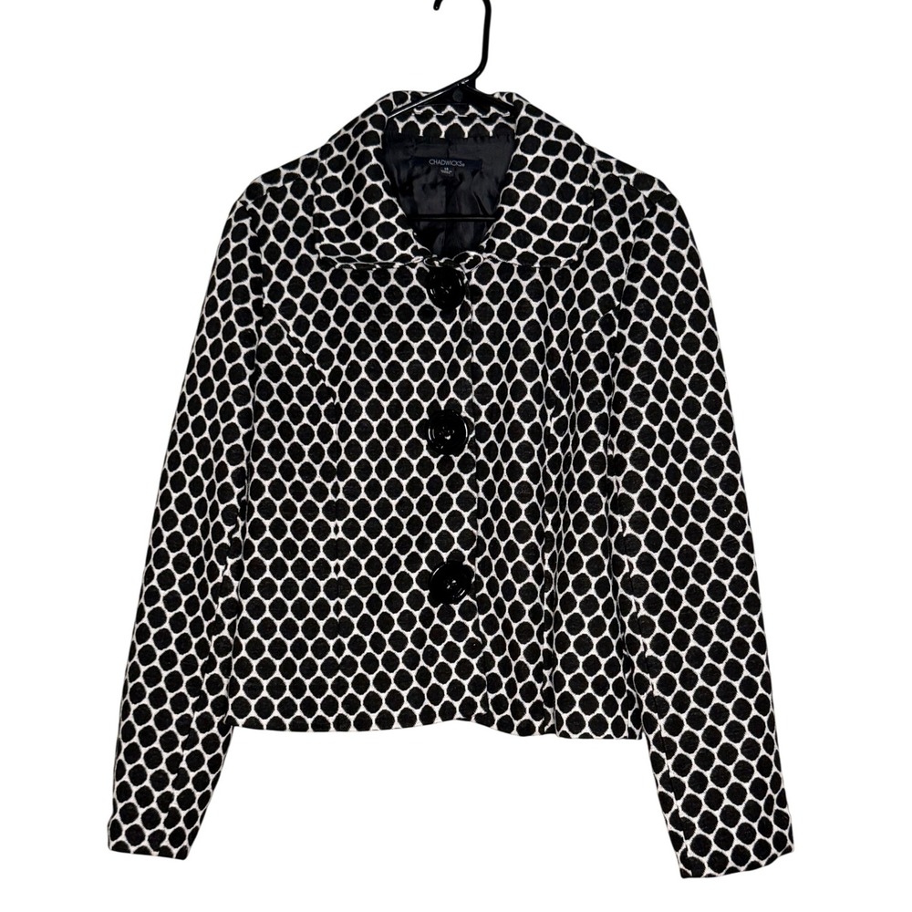 Chadwicks Women's Black & White Polka Dot Collared Cropped Blazer Jacket Chic‎